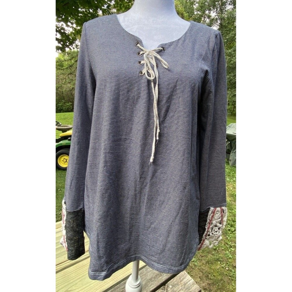 Hem & Thread Pullover Shoelace Tie Top BNW Stripe Women Sz Large Y2K Casual Wear